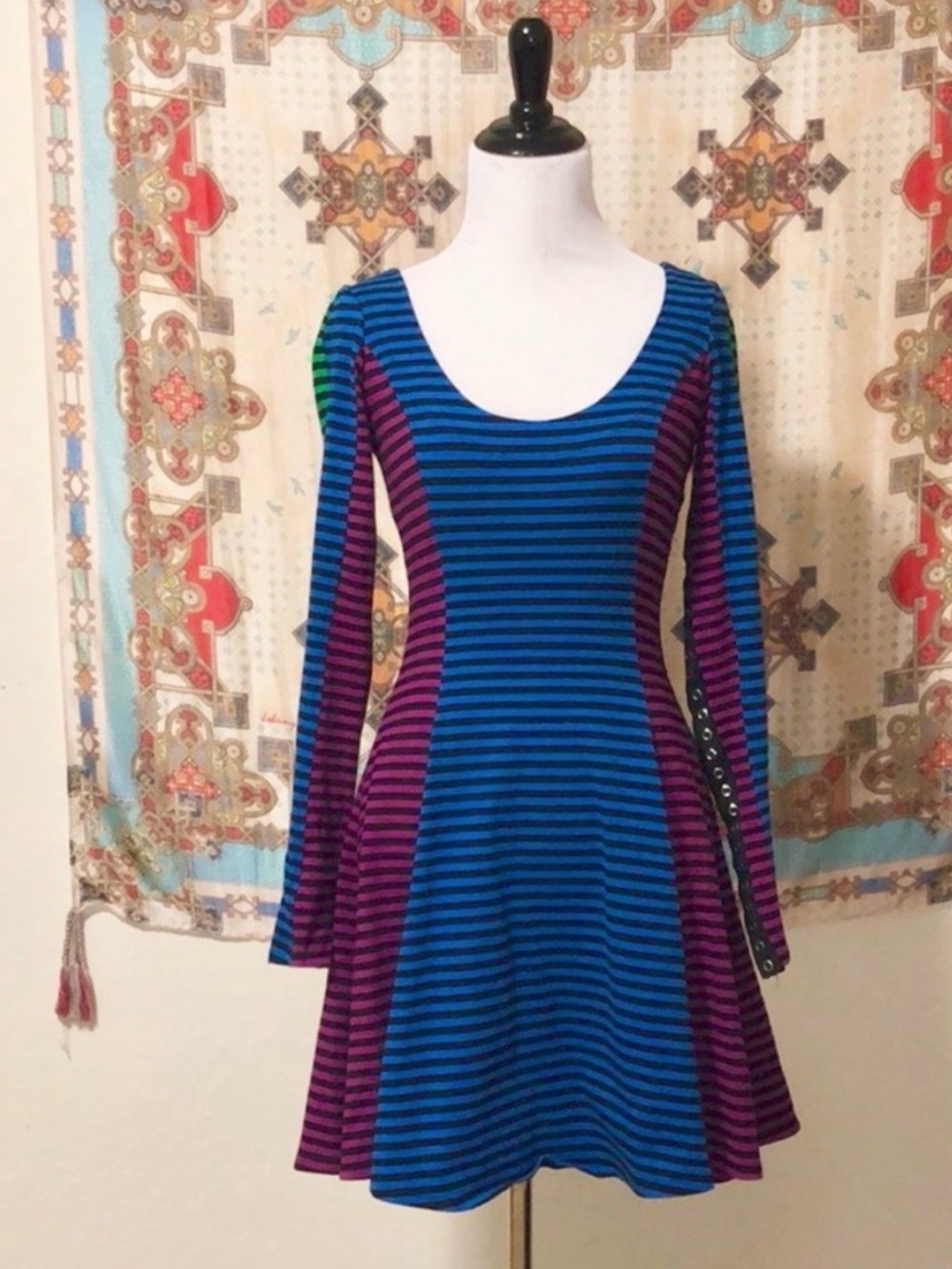 Vintage Betsey Johnson Striped Long Sleeve Snap Fit-and-Flare Dress
